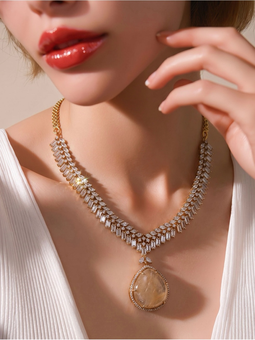 Elegant Gold Crystal Statement Necklace with Pendant